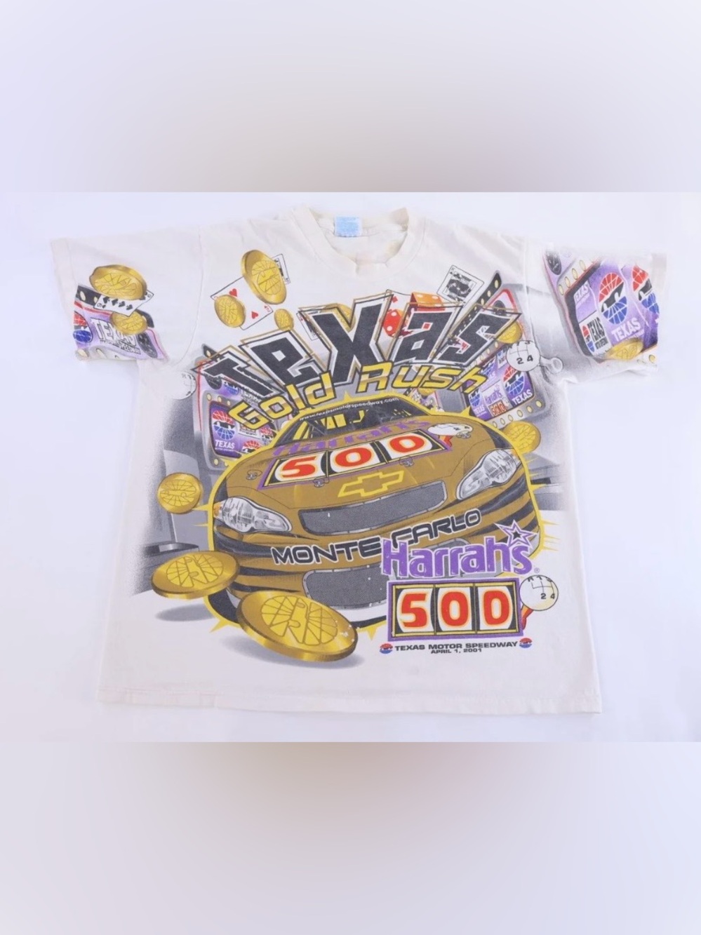 Vintage 2001 Texas Motor Speedway Harrah’s 500 NASCAR All Over Print Racing Tee